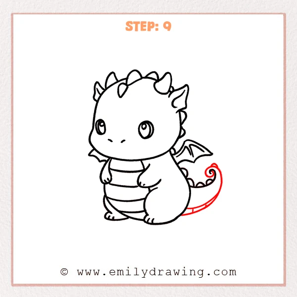how to draw a baby dragon - Step 9: The baby dragon tail is refined with a curled tip and segmented details.